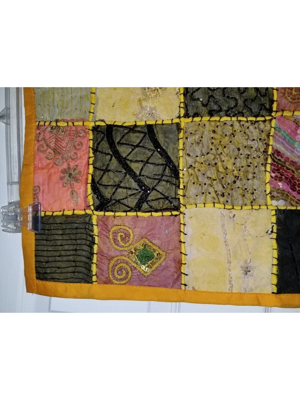 HAND BEADED EMBELLISHED INDIA WALL ART TAPESTRY PATCHWORK SQUARE 16